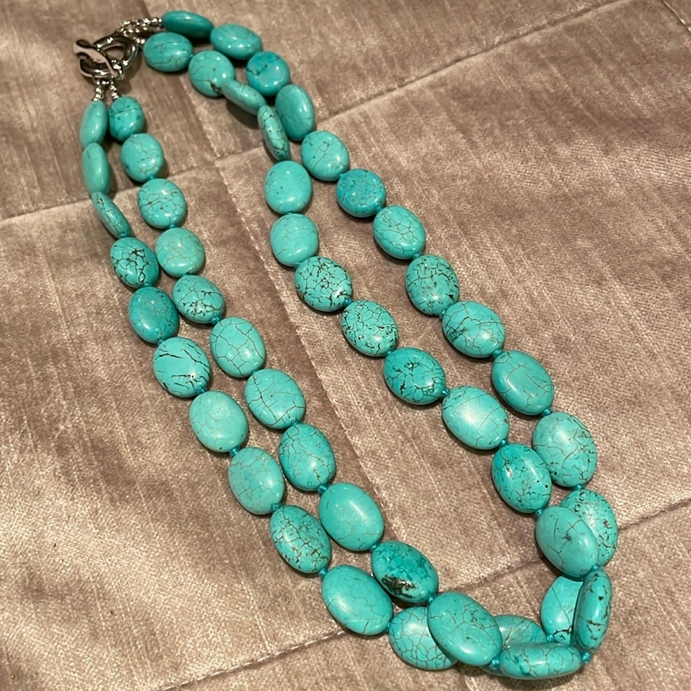 Turquoise Necklace Double Strand Sterling Silver 925 Toggle Clasp by ATI